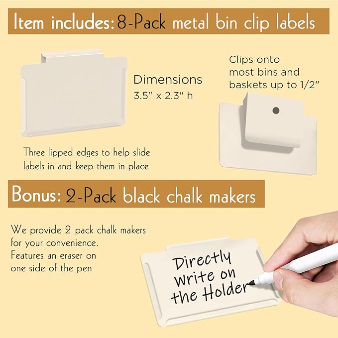 Basket Labels Clip on | Label Holders for Basket or Storage Bins Includes White Chalk Markers (8 Cream Holders + 2 Black Chalk Makers)