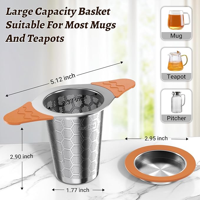 Tea Infuser for Loose Leaf Tea,18/8 Stainless Steel Tea Infuser with Heat Proof Silicone Handles,Extra Fine Mesh Tea Strainers Filter Fine Tea Leaves Effectively,Fits TeaPots/Mugs-Orange