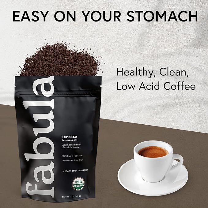 Fabula USDA Organic Espresso Coffee, Freshly Ground Espresso Low Acid Coffee, Non-GMO, No Molds, Mycotoxins Pesticides Free, Single Origin Coffee 12 oz