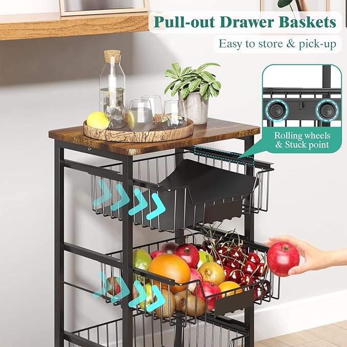 4-Tier Vegetable Fruit Basket Kitchen Storage Rolling Cart on Wheels with Pull-Out Baskets and Wood Top for Kitchen Diningroom Pantry
