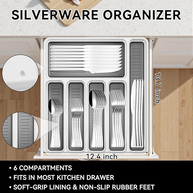 49-Piece Silverware Set with Organizer, Stainless Steel Kitchen Utensils Set for 8, Cutlery Flatware Set with Steak Knives Fork Spoon for Home Kitchen Tableware, Dishwasher Safe