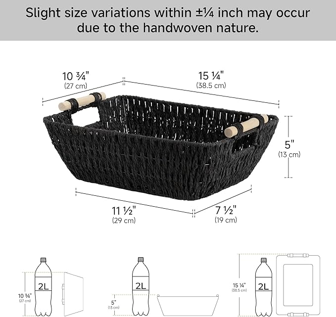 StorageWorks Large Wicker Storage Basket for Organizing with Wooden Handles, Toilet Paper Baskets for Bathroom, Black, 2-Pack