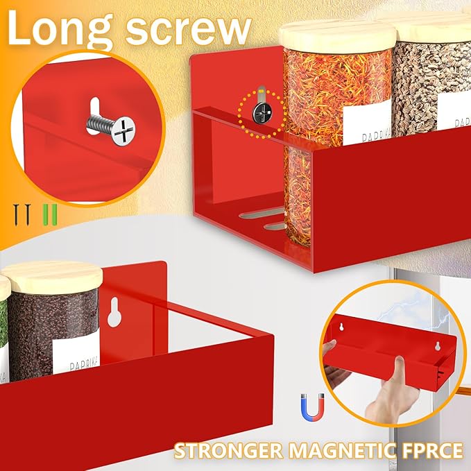 Magnetic Spice Rack Organizer for Fridge Seasoning Organizer for Kitchen Storage With Screw Magnetic Shelf for Oven, RV,Garage,Bathroom (Red, 4pack)