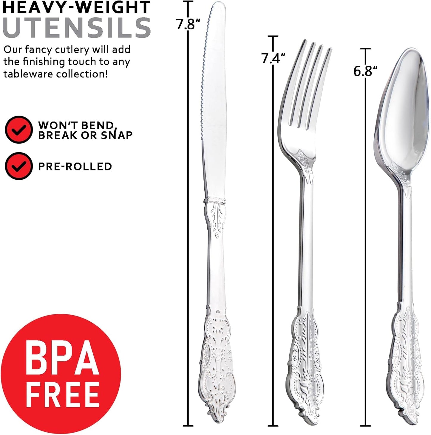 400PCS Pre Rolled Silver Plastic Silverware Sets - Heavy Duty Fancy Silver Cutlery - Include 100 Pack Wrapped Disposable Utensils with Napkins for Parties, Dinners & Weddings