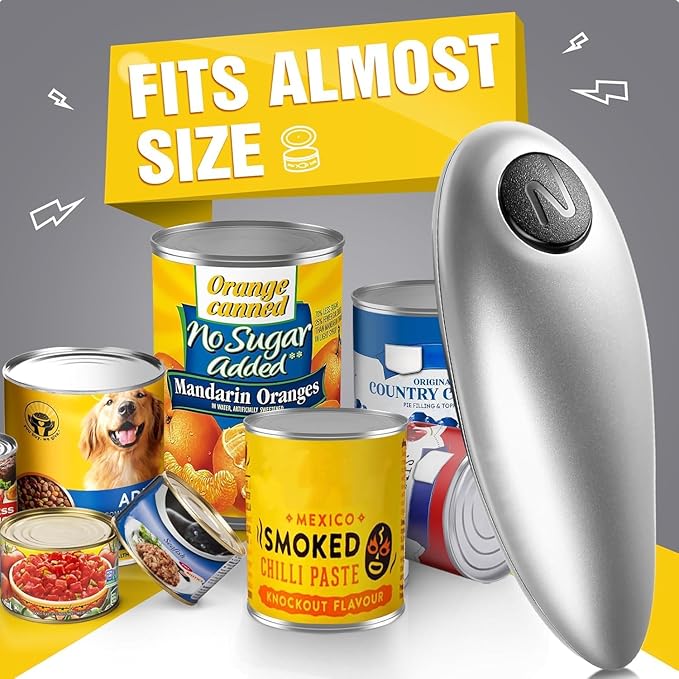 Handsfree One Touch Electric Can Opener Easy and Fast Flex Side Cut All Can Sizes, Automatic Handheld Battery Operated Kitchen Gadget Gift with Smooth Edge Safety for Seniors & Arthritis Silver