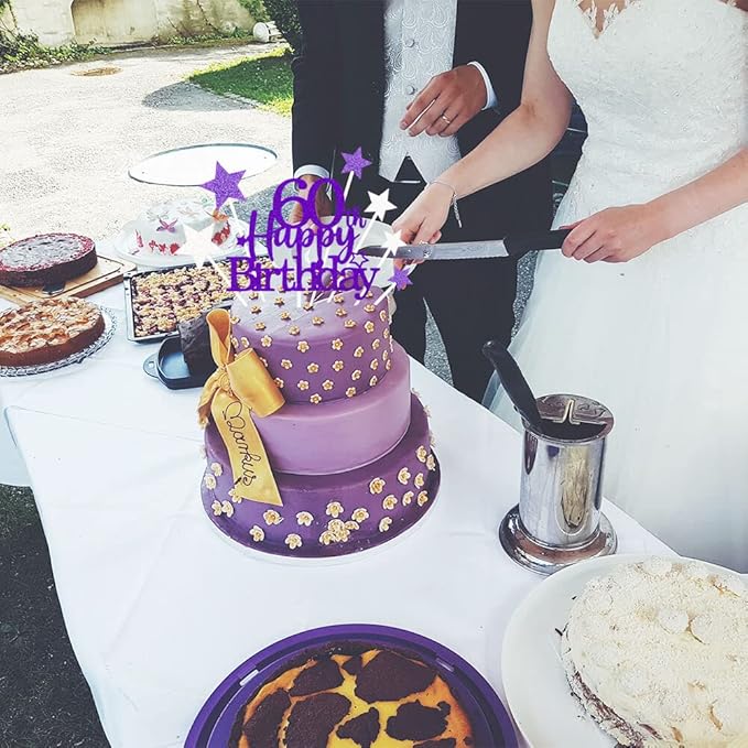 Glittery 60th Happy Birthday Cake Topper with Star,Personalised 60 Birthday Cake Toppers Party Decorations Party Supplies for Men Women Purple Silver