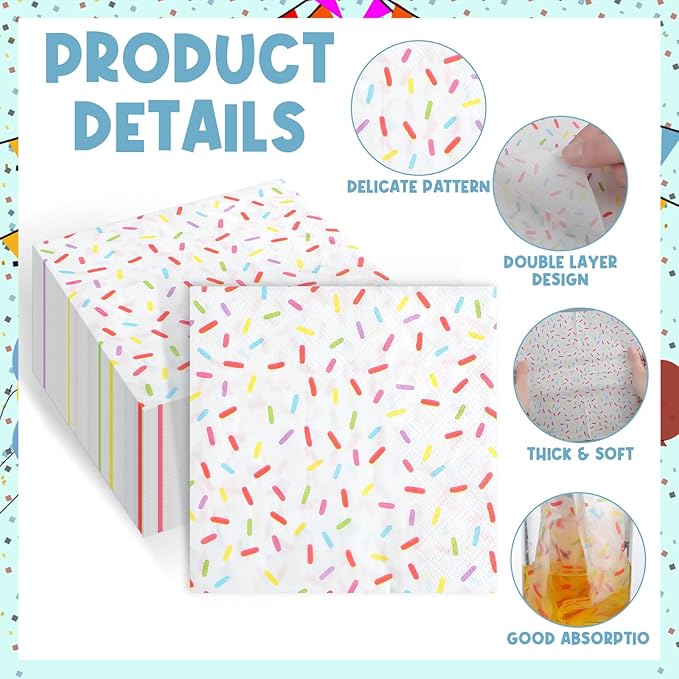 100 Pcs Sprinkles Napkins 2 Ply Disposable Paper Napkins for Baby Shower Birthday Party Theme Table Decor Supplies(White,Donut)