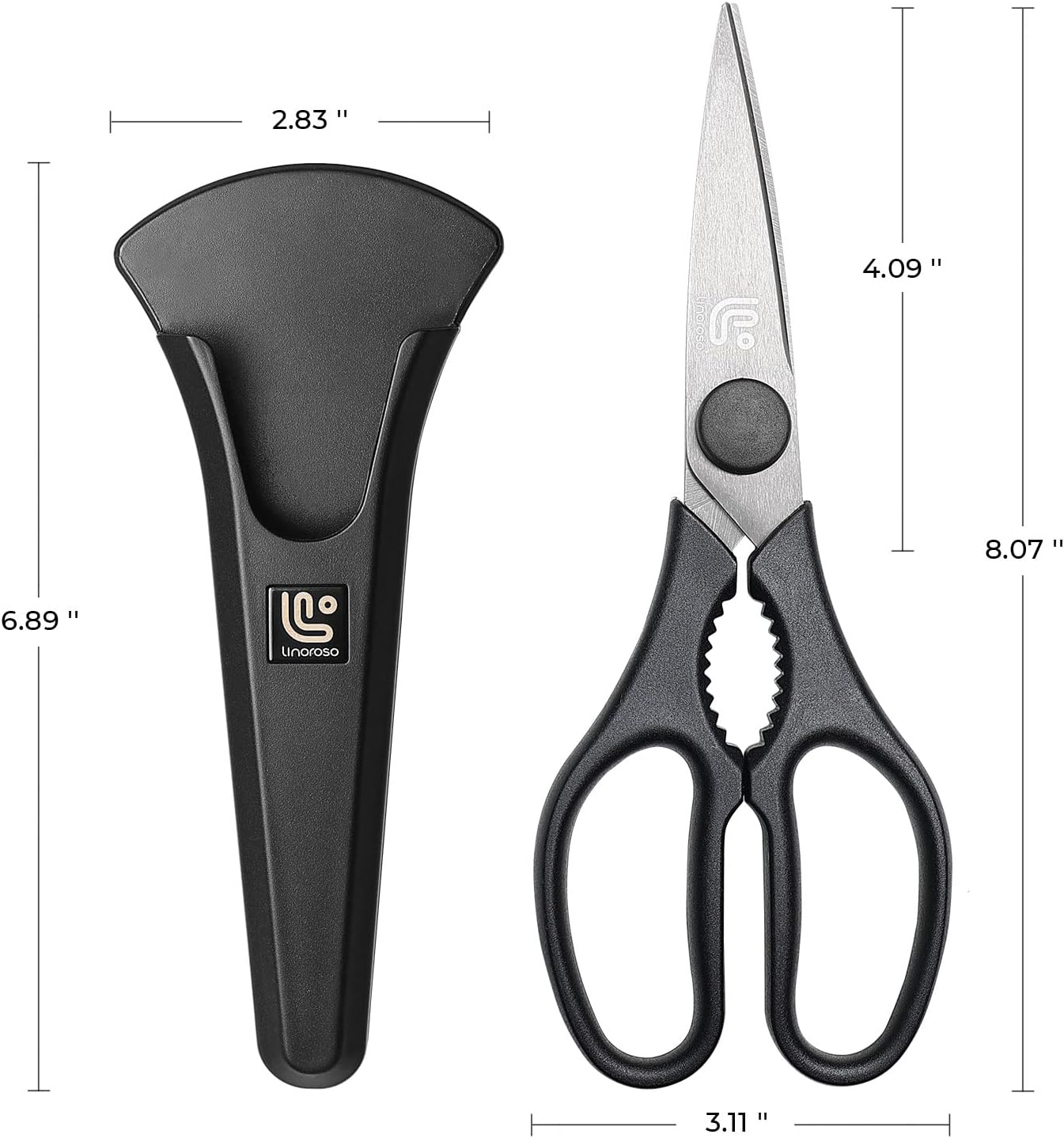 Linoroso Kitchen Shears Heavy Duty Kitchen Scissors with Magnetic Holder, Dishwasher Safe Scissors All Purpose Come Apart Blade Made with Japanese Steel 4034 for Meat/Vegetables/BBQ/Herbs, Black