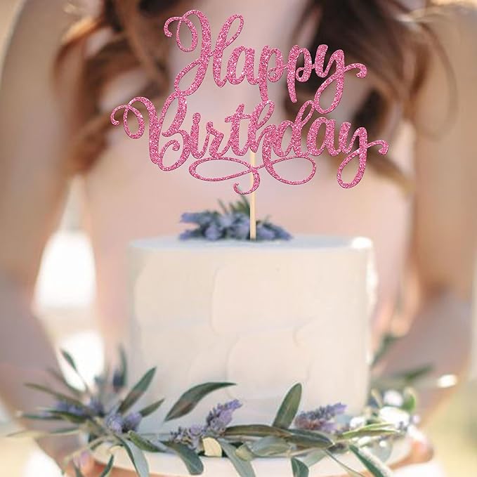 ZHUOWEISM 1 PCS Happy Birthday Cake Topper Glitter Happy Birthday Cake Pick for Celebrating Happy Birthday Anniversary Party Cake Decorations Supplies Pink