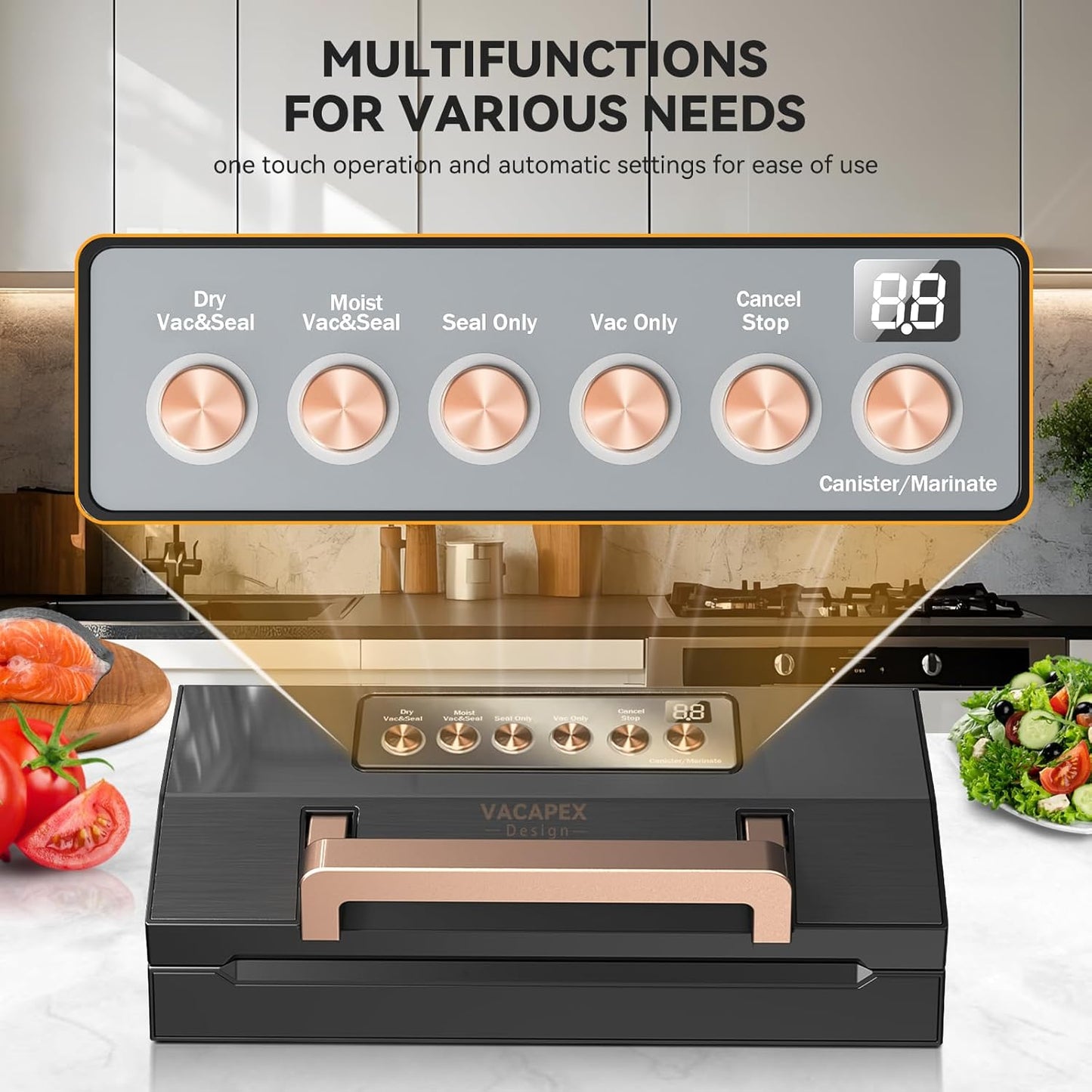 2025 Black Stainless Steel Food Vacuum Sealer, VACAPEX Deluxe Vacuum Sealer Machine with 11" Double Heat Seal and Automatic One-Touch System, Bags Storage & Cutter, Easy-Lock Handle with 2 Bag Rolls