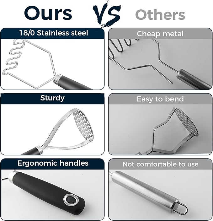 18/0 Stainless Steel Potato Mashers, 10.3-inch, Non-slip Handle, Kitchen Tool for Avocado Vegetable Sauce Butter Pumpkin Puree Bean, Dishwasher Safe, Pack of 2