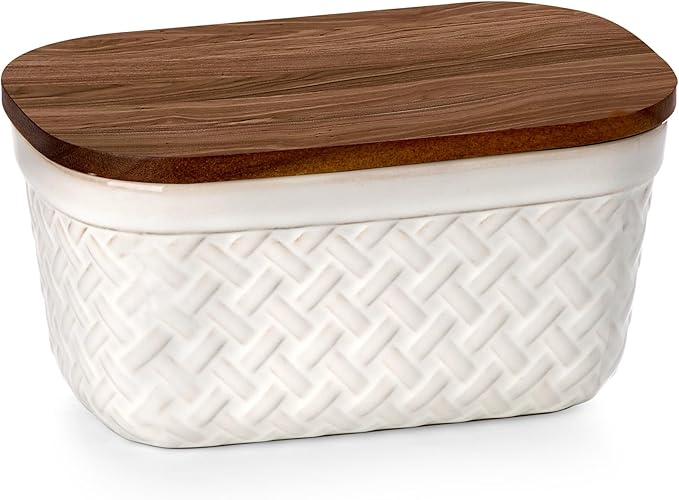 Nucookery Ceramic Butter Dish, Embossed Butter Keeper with Wood Lid for Countertop, Butter Holder and Container with Double Silicone Seal, Woven Pattern