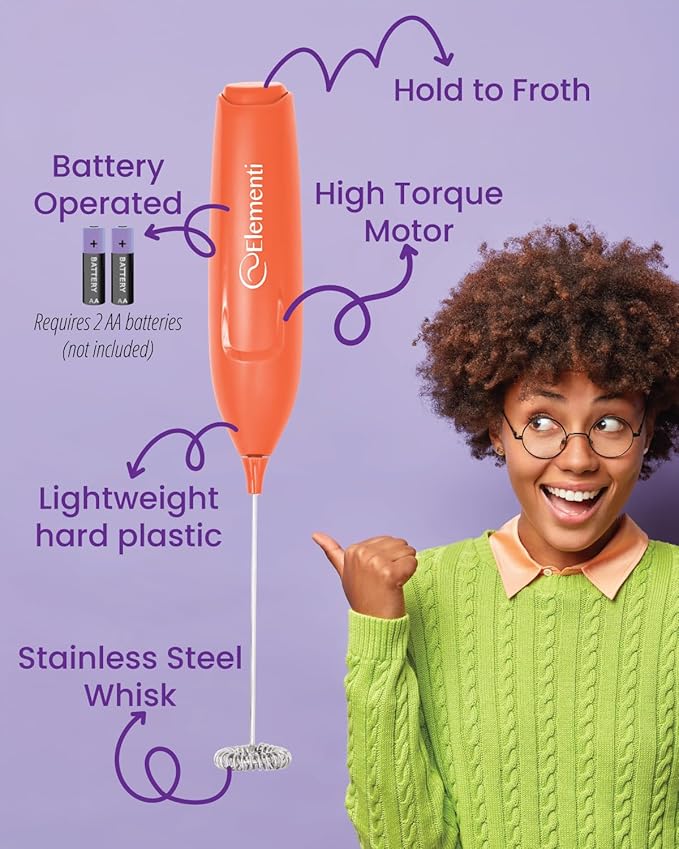 Elementi Powerful Frother Wand – Lightweight Milk Frother & Drink Mixer Handheld, Matcha Whisk for Dreamy Lattes, Powerful Coffee Mixer Wand & Stirrer - Make Creamy Cappuccinos at Home (Orange)
