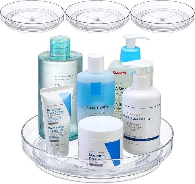 4 Pack 9 Inch Clear Acrylic Lazy Susan, Non-Skid Turntable Organizer for Cabinet, Kitchen, Pantry Organization Storage, Refrigerator, Vanity Makeup, Bathroom Countertop Organizing, Rotating Spice Rack