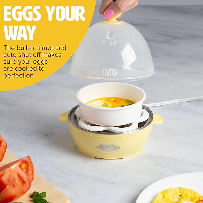 Tasty Mini Rapid Egg Cooker, 5-Egg Capacity for Perfect Hard Boiled Eggs or Omelets, Auto Shut Off, Yellow