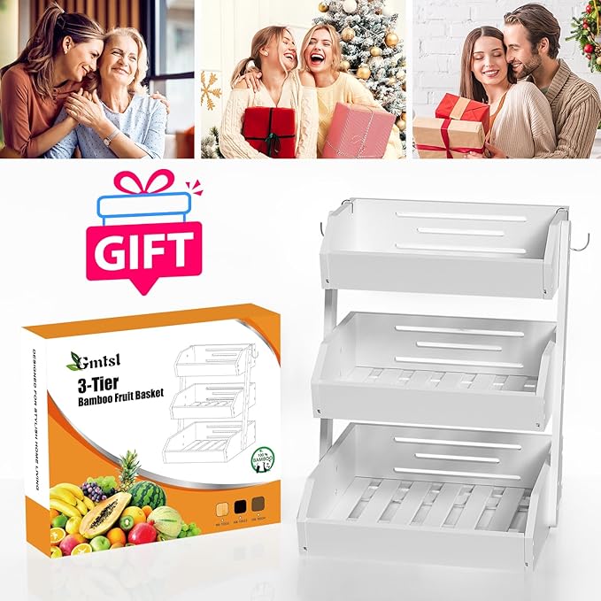 Bamboo Fruit Basket for Kitchen– 3 Tier Fruit Bowl For Kitchen Counter, Large Fruit Holder With Banana Hangers, Idea For Vegetable Storage, Bread Display, Snack Organizer(White)