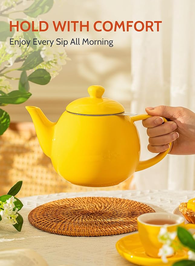 Sweese Teapot, Porcelain Tea Pot with Stainless Steel Infuser, Blooming & Loose Leaf Teapot - 27 ounce, Yellow