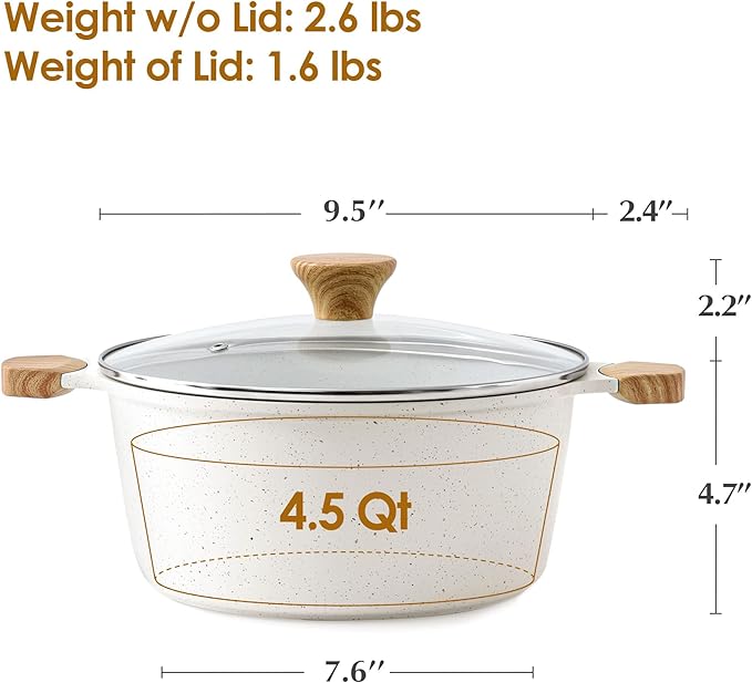 SENSARTE Ceramic Nonstick Stock Pot with Lid, 4.5 Quart Induction Cooking Pot with Tempered Glass Lid, Stew Pot for Soup and Oatmeal, Pasta Casserole, PFOA PFAS PTFE Free, White