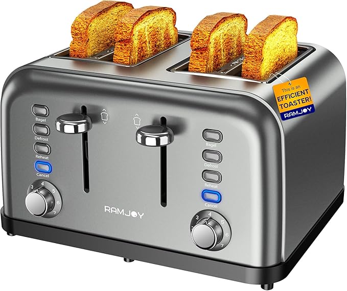 Grey Toaster 4 Slice, Dual Independent Controls, Extra Wide Slot Toasters for Bagel, Bread, Waffles, 7 Shade Settings, 4 Main Functions, Removable Crumb Tray, 1500 Watts, Grey Stainless Steel