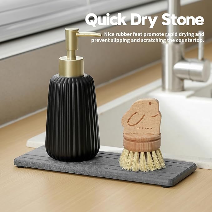 2PCS Diatomite Quick Stone Drying Tray Mat For Bathroom & Kitchen Counter, Instant Dry Water Absorbent Drink Bar Coaster,Vanity Sink Caddy Organizer,Dish Soap Sponge Holder, Dark Gray,9"x3.5"