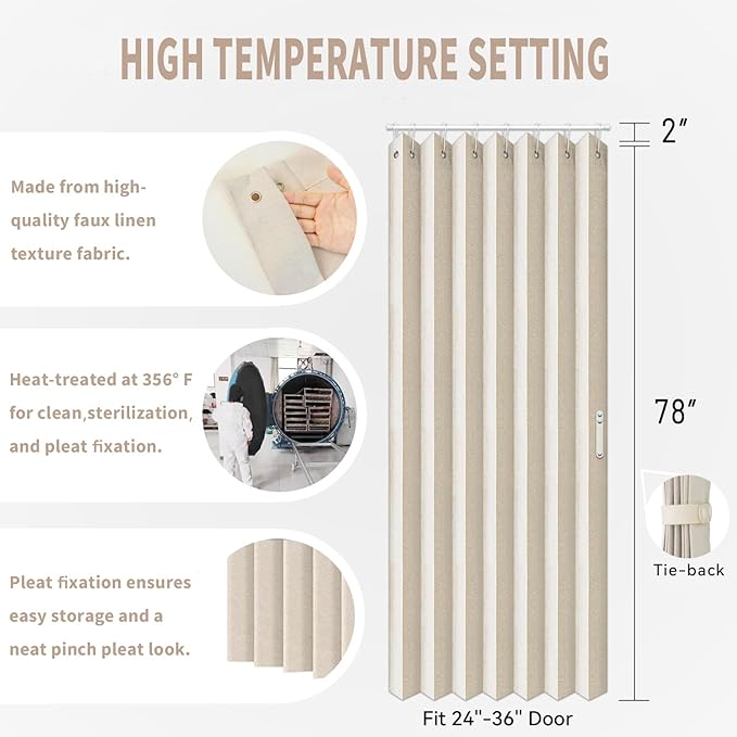 Vatge Closet Curtains, Accordion Style Door Curtains for Doorways, Pleated Folding Doors Curtain for Closet and Room Divider, 1 Panel, W39 x L78, Beige