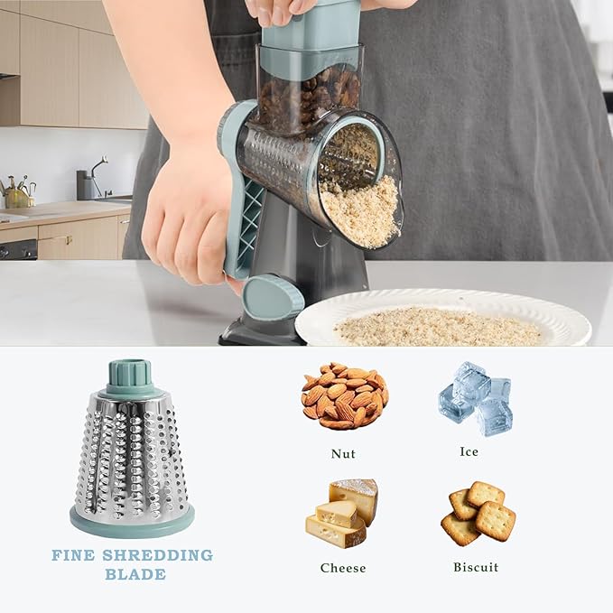 Rotary Cheese Grater, FOVXYVO Cheese Shredder with Strong Suction Base,Cheese Grater with Hand Crank for Kitchen for Cheese,Vegetables,Nuts,Chocolate,3 Changeable Blades