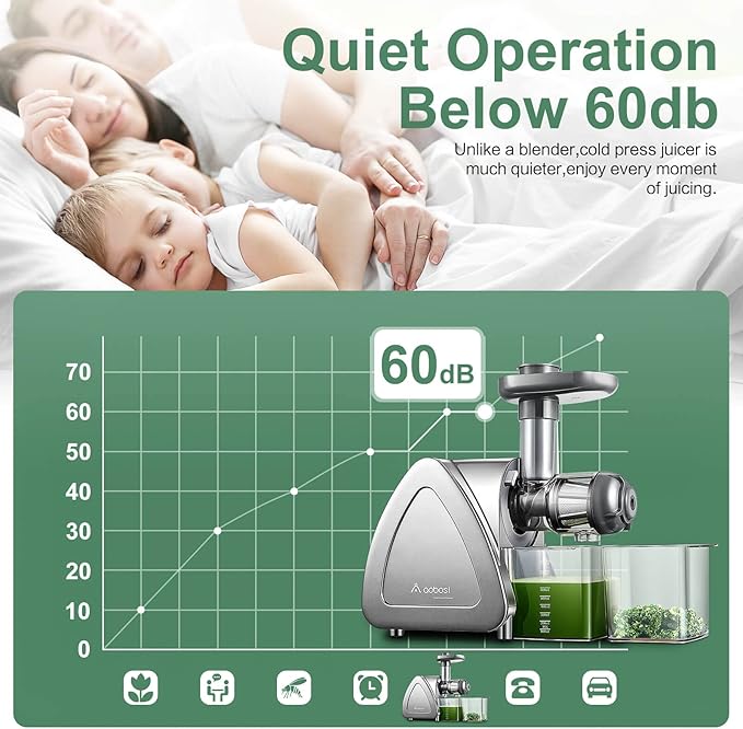 Juicer Machine, Aobosi Slow Masticating Juicers, Cold Press Juicer Machines with Reverse Function, Quiet Motor, High Juice Yield with Juice Jug & Brush for Cleaning (Gray)
