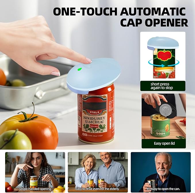 Rechargeable Auto Electric Can OpenerTouch Side Cut Opener Open Your Cans with A Simple Press of Button - Automatic,Smooth Edge,Food-Safe,for Kitchen for Seniors with Arthritis Small Size (Blue)