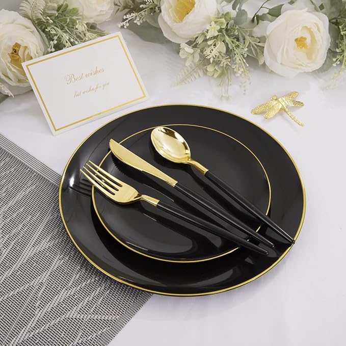 KIRE 60PCS Black Plastic Plates - Black Disposable Plates with Gold Rim for Party/Graduation - Include 30Pcs 10.25inch for Dinner and 30Pcs 7.5inch for Dessert