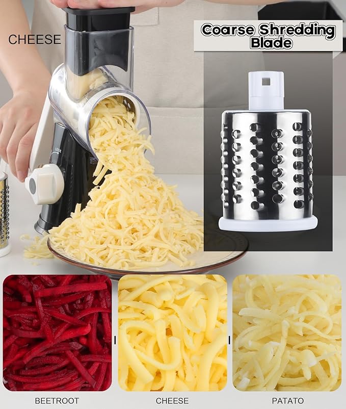 Ourokhome Rotary Cheese Grater Hand Crank, Kitchen Shredder Speed Mandolin Slicer Nuts Grinder with Handle and Drum Blades for Cheese, Vegetable, Walnut, Chocolate, Potato, Carrot, 3 Blades, Black