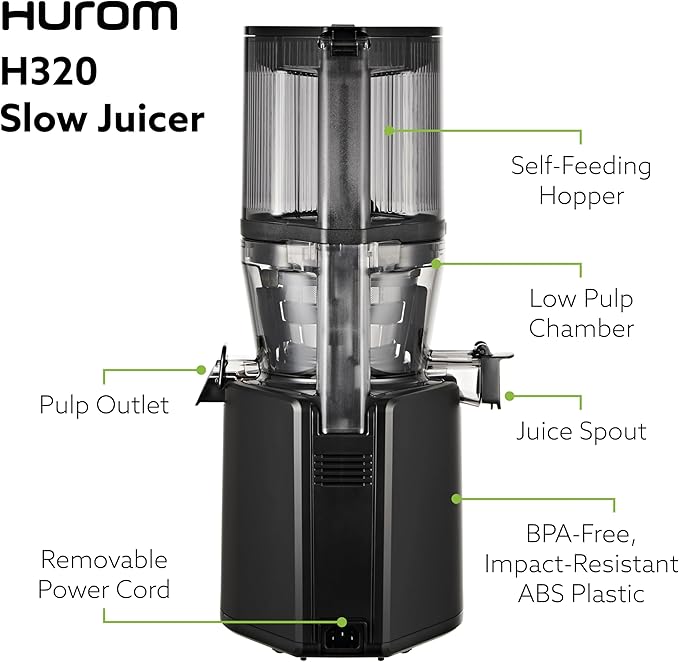 Hurom Black H320 Slow Juicer with German Steel Knife Set, Self-Feeding Cold Press Juice Machine, Corrosion-Resistant and Non-Stick Coated Blades, High Yield, BPA Free (500ml/ 16oz)