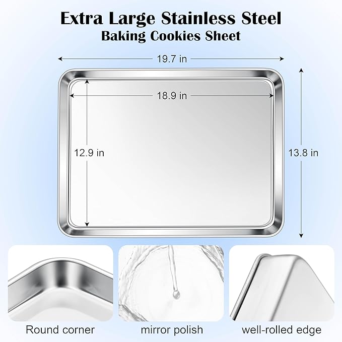 E-far Large Baking Sheet, 20”x14” Stainless Steel Cookie Sheet Pan for Oven, Non Toxic Metal Baking Tray for Cake Cookies, Healthy & Rust Free, Mirror Finish & Dishwasher Safe, 1 Pack