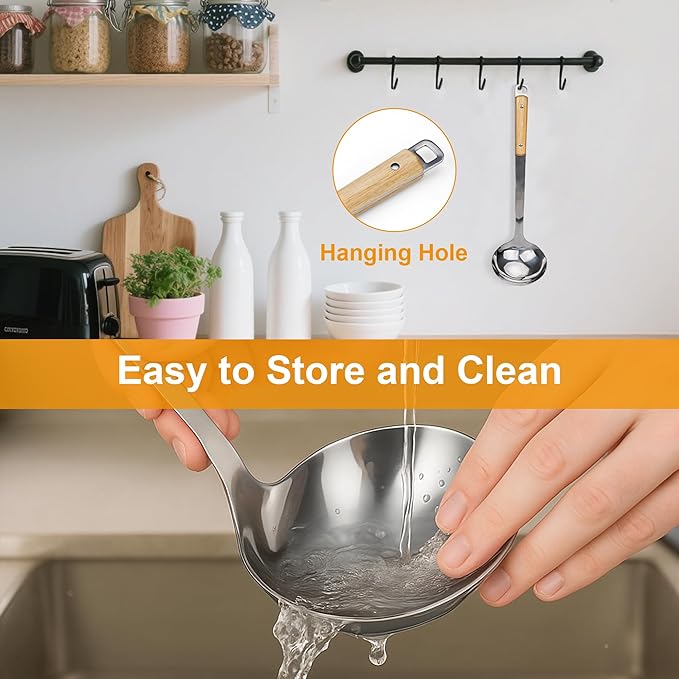 FJNATINH Stainless Steel Soup Ladle, Large Metal Ladel Spoon for Serving, Cooking, Wok, Soup, Heat-proof Wooden Handle, Heavy Duty Wok Tool 13.7 Inches