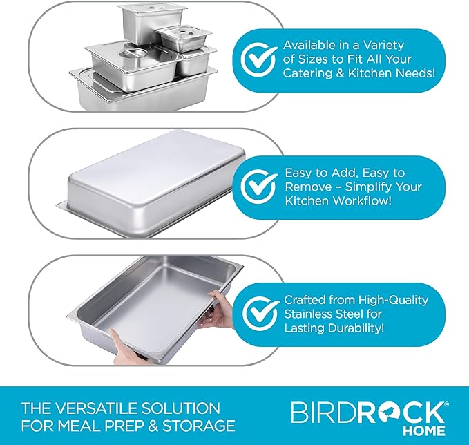 BIRDROCK HOME Stainless Steel Steam Table Pan - Hotel, Restaurant & Catering Supplies - 24 Gauge Steel, 14 qt Capacity - Meal Prep, Cooking, & Food Storage Container - 4" Depth, Full-Size (6 Pack)