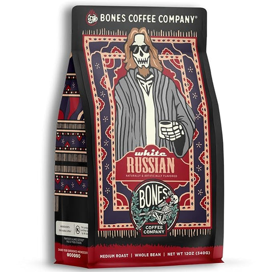 Bones Coffee Company White Russian, Cream and Cocktail Flavored Coffee, Medium Roast Low Acid Arabica Beans Compatible with Auto drip and French Press Coffee Maker, 12 Oz Whole Bean