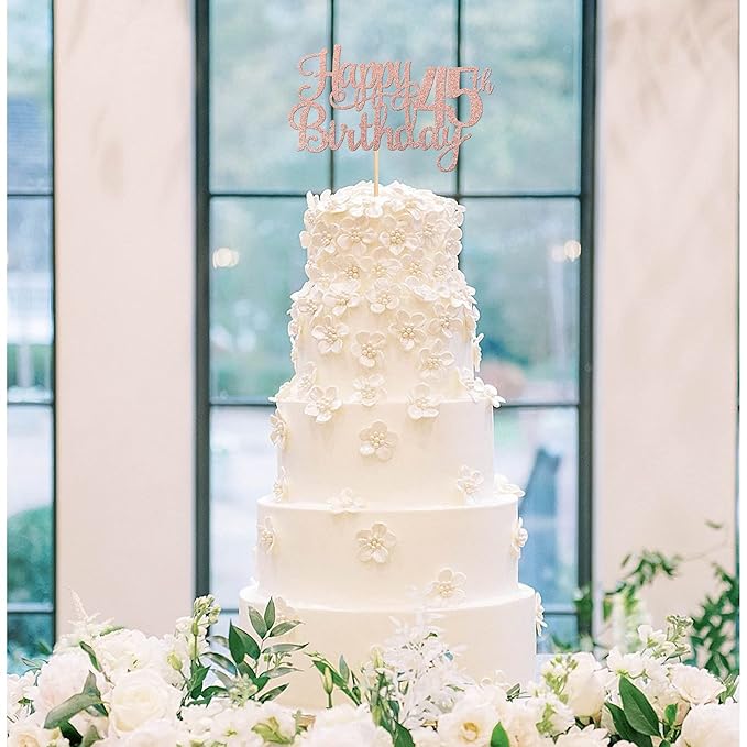 1 PCS Happy 45th Birthday Cake Topper Glitter Cheers to 45 Years Birthday Cake Pick 45 Fabulous Cake Decoration for Happy 45th Birthday Theme Party Decorations Supplies Rose Gold