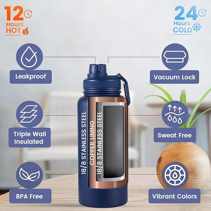Lexlion Tea Infuser Bottle - Fruit Infuser Water Bottle 32 Oz, Triple Walled Insulated Stainless Steel Bottle, Thermal Leaf Infuser, Silicone Sleeve, 3 Lids Leakproof, Metal Mug Gallon