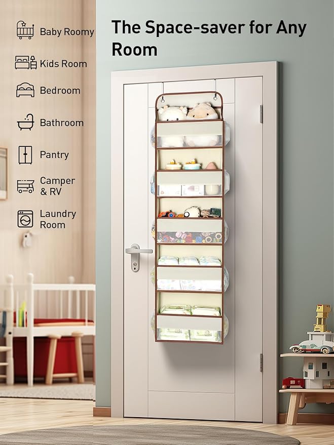 Yecaye 1 Pc 5 Tier Over the Door Organizer with 15 Pockets | 44lb Load Over the Door Storage | No Sagging Closet Organizers and Storage | Versatile Nursery Hanging Organizers for Home Dorm - Beige