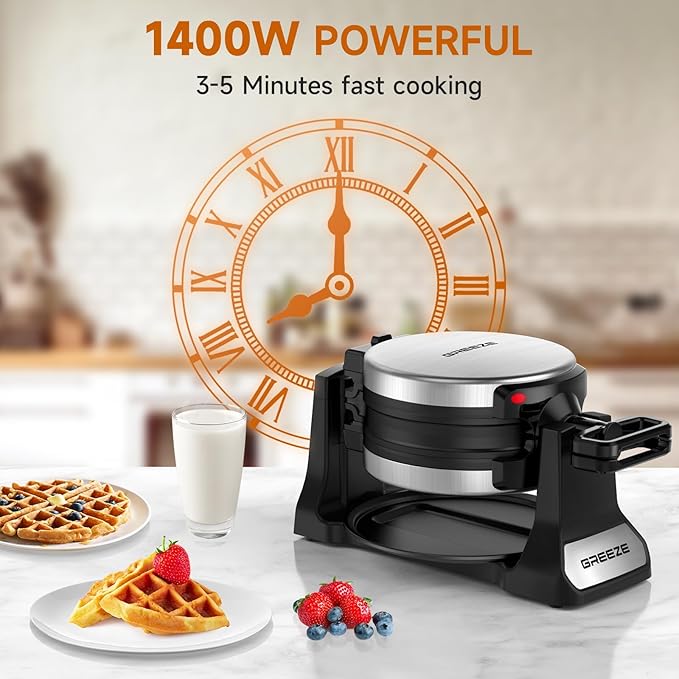 Waffle Maker, Double Belgian Waffle Maker 180°Flip, 1400W Waffle Iron 8 Slices, Rotating & Nonstick Plates with Removable Drip Tray for Easy Clean, Stainless Steel, Locking Buckle & Cool Touch Handle