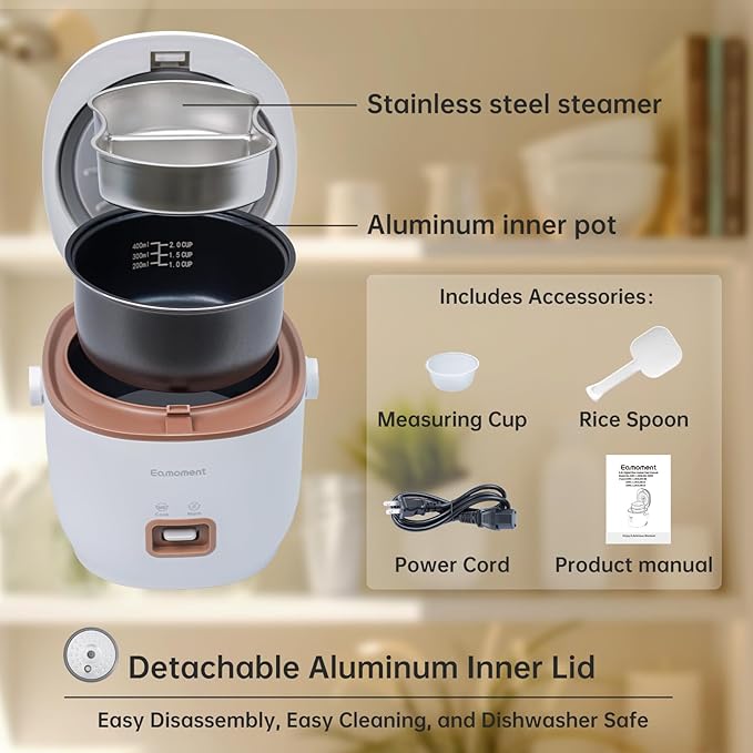 Brown Mini Rice Cooker Small 1 Cup-2 Cup Non-Stick Coated Insert Food Steamer Kitchen Appliances Includes Vegetable Steamer