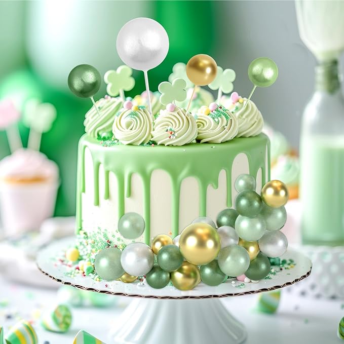 48 Pcs Balls Cake Topper Decorations Balloon Cupcake Toppers Foam Cake Topper Balls Cake Balls Decorations for Birthday Party Cake Decorating (Green, White, Gold)
