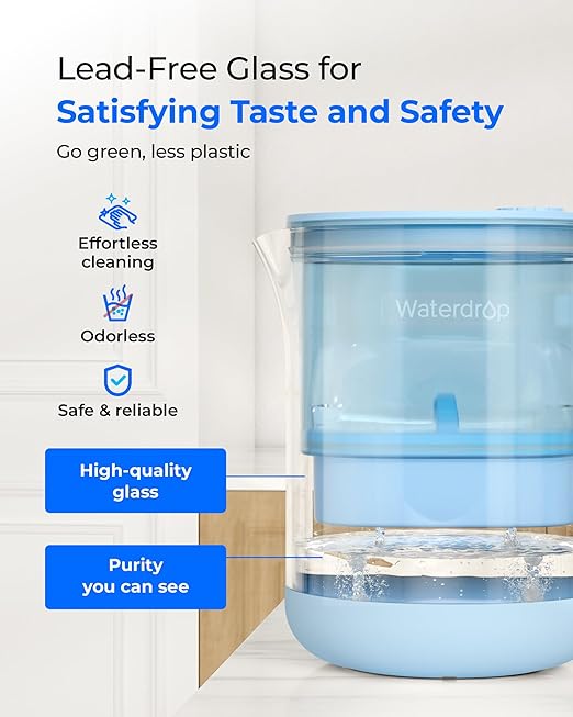 Waterdrop Glass Alkaline Water Filter Pitcher with 1 Filter, Enhances Alkaline Water, Eco-Friendly, 7-Cup, for Home and Office, Reduces PFOA/PFOS, Chlorine, Cadmium, Copper, Mercury, Blue