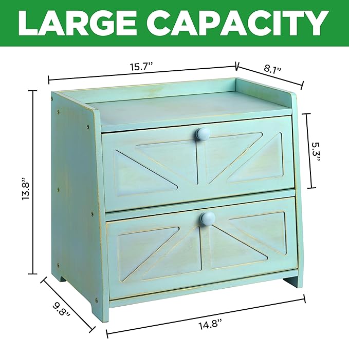 Vintage Double Layer Bread Box for Kitchen Countertop, Bamboo Bread Storage Container, Breadbox for Homemade Bread, Large Capacity Bread Bin(Green)