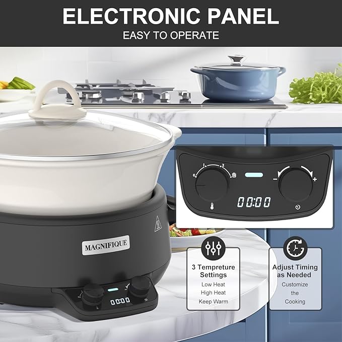 MAGNIFIQUE 5 Quart Programmable Slow Cooker with Auto Warm Setting, Glazed Ceramic Liner, Kitchen Small Appliance for Family Dinners, Black
