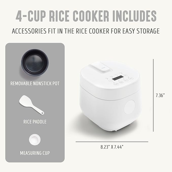 GreenLife Digital Rice Cooker, 2-Cups Uncooked/4-Cups Cooked, Removable Nonstick Ceramic PFAS-Free Pot, One-Touch Presets, Oats, Quinoa, Brown Rice, Auto Keep Warm, Fuzzy Logic Tech, 1.5 QT, White