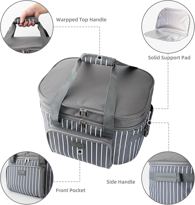 Fun Elements Double Layer Slow Cooker Carrier Bag for 6-8 Quart Oval CrockPot, Insulated Crock Pot Travel Bag with Support Pad and Adjustable Straps, Top Zip Compartment and Front Pocket for Utensils