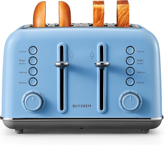 BUYDEEM DT640 4-Slice Toaster, Extra Wide Slots, Retro Stainless Steel with High Lift Lever, Bagel and Muffin Function, Removal Crumb Tray, 7-Shade Settings,Blue