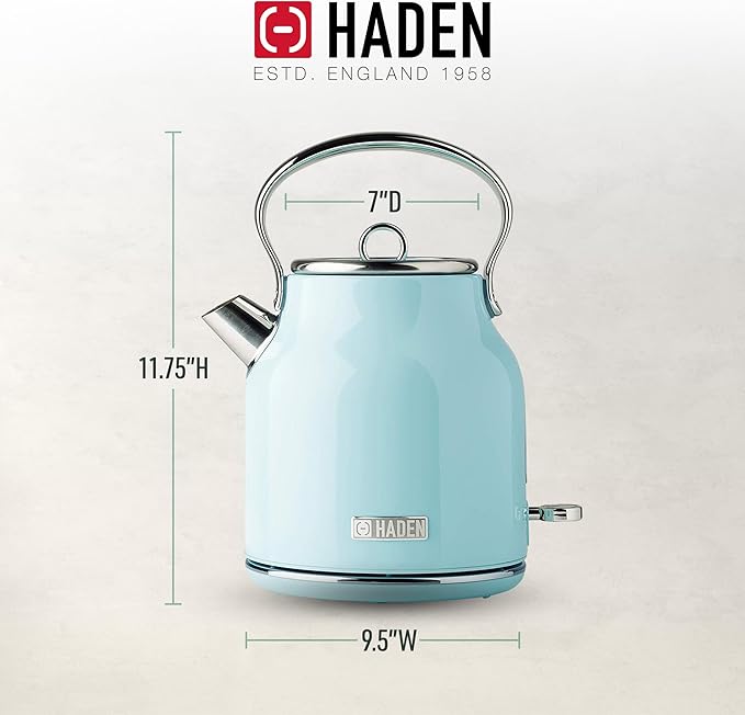 Haden Heritage 1.7 Liter Stainless Steel Electric Kettle, Hot Water Kettle with 360-Degree Base and Auto Shutoff, Turquoise & Chrome
