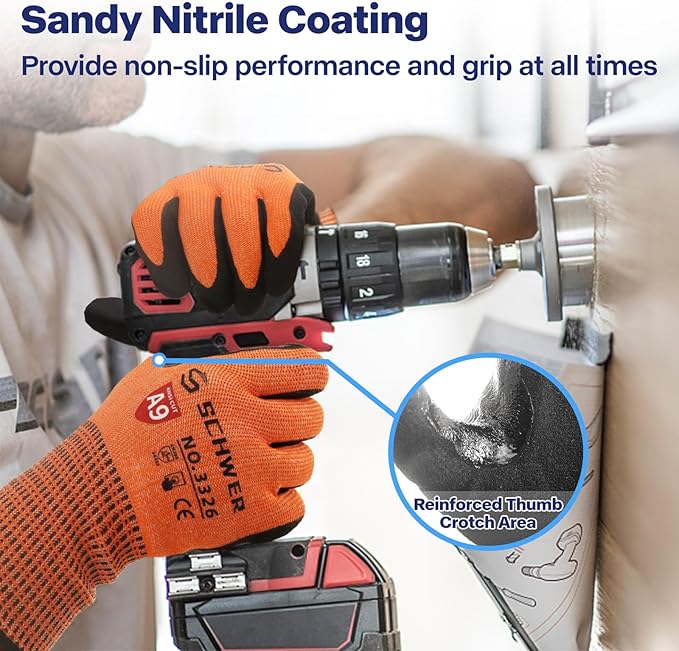 Schwer ProGuard Highest Level Cut Resistant Work Gloves PR3326 for Extreme Protection，ANSI A9 Cut Gloves with Reinforced Thumb, Non Slip, Non PFAS, Durable, Touch-screen, Orange 1 Pair(XXL)