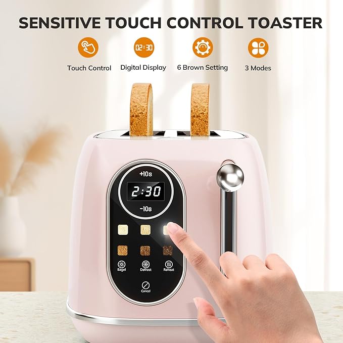 Keenstone Smart Touch Screen Toaster 2 Slice, Retro Wide Slot Stainless Steel Toaster with 6 Browning Levels, Reheat & Defrost, for Bagel, Toast, Bread, Removable Crumb Tray, Pink